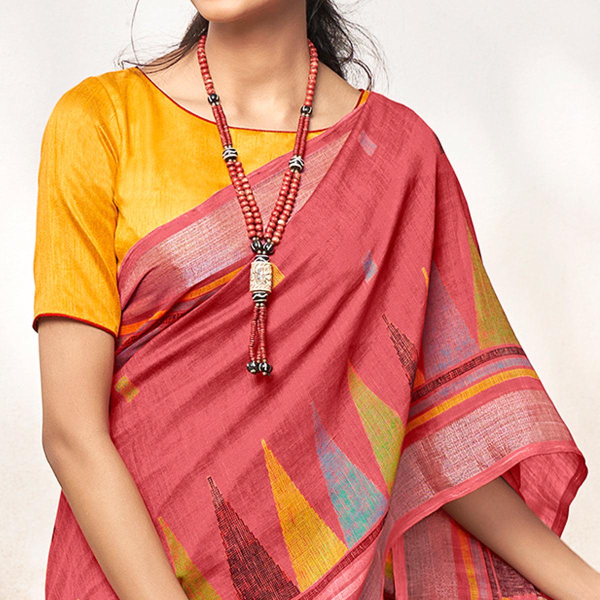 Pink Printed Linen Saree - Peachmode