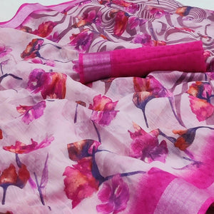 Pink Printed Linen Saree - Peachmode