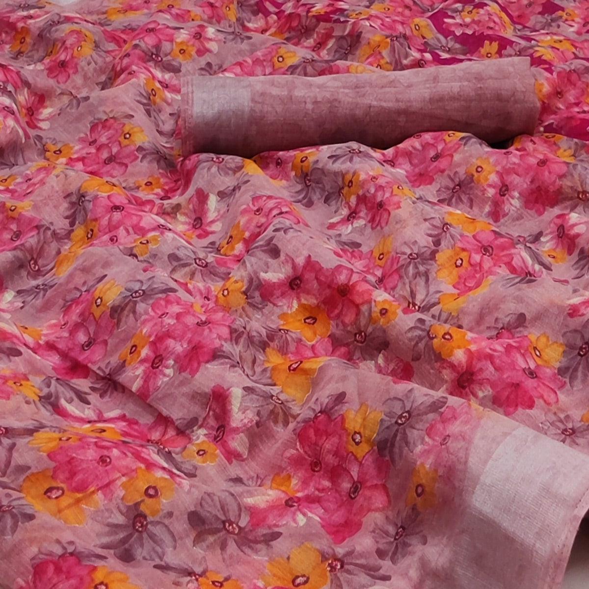 Pink Printed Linen Saree - Peachmode