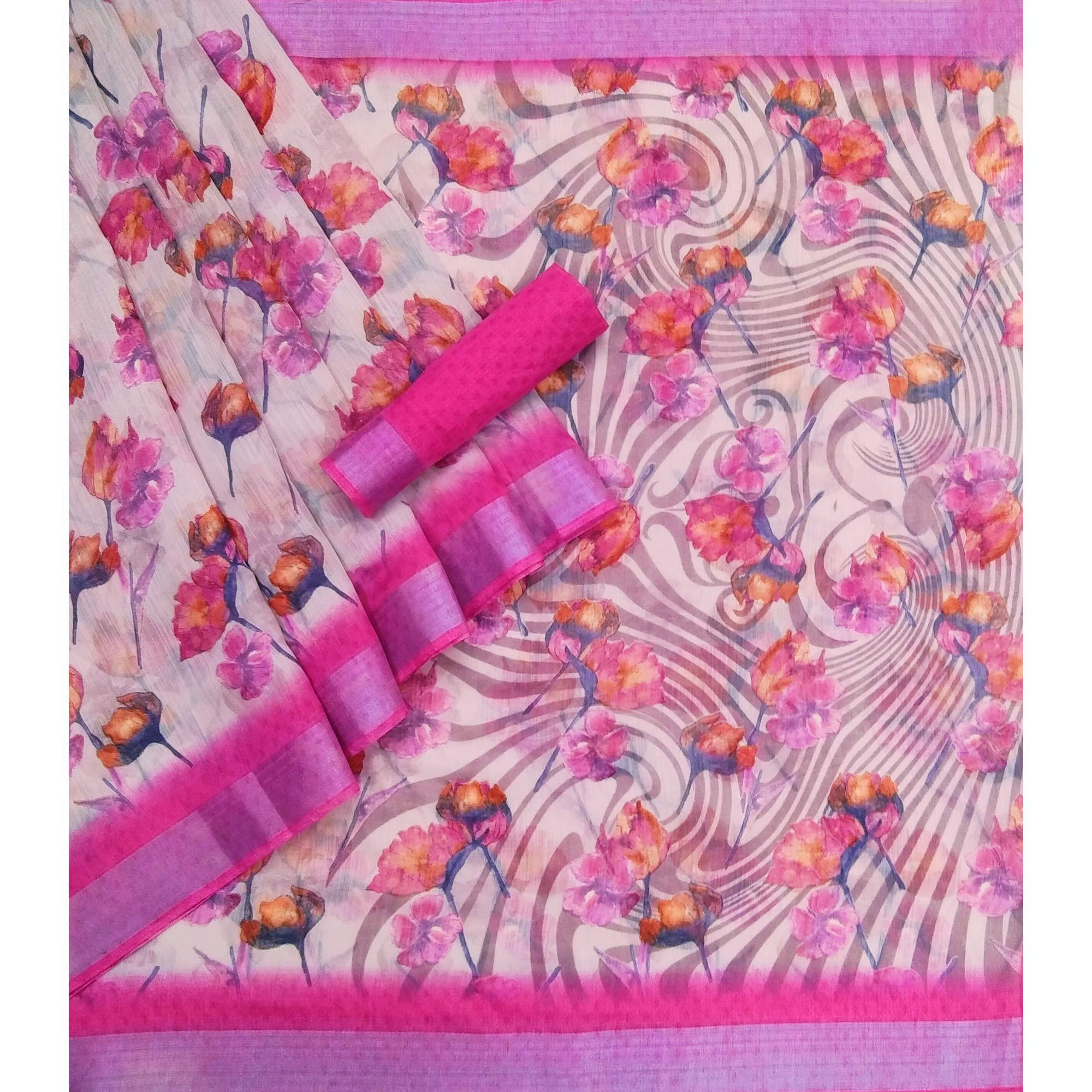 Pink Printed Linen Saree - Peachmode