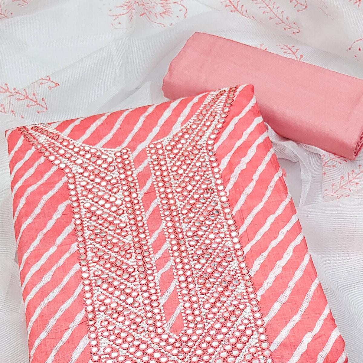 Pink Printed-Mirror Work Pure Cotton Dress Material - Peachmode