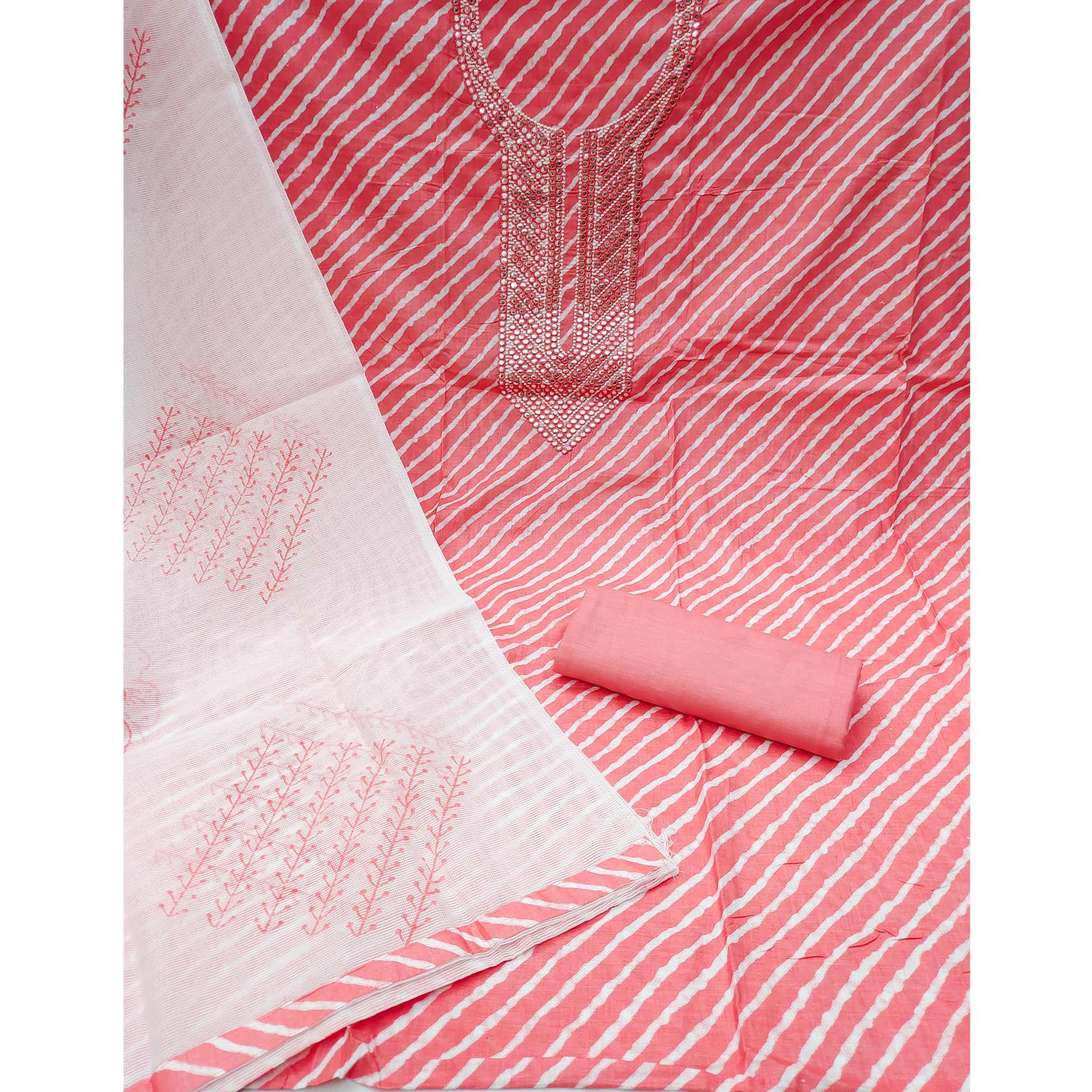Pink Printed-Mirror Work Pure Cotton Dress Material - Peachmode