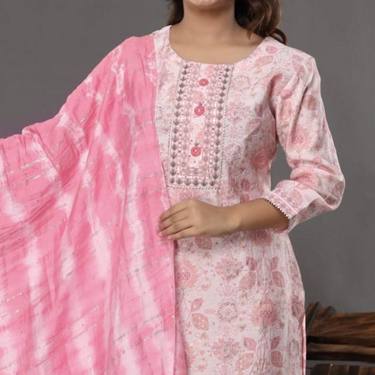 Pink Printed Muslin Kurti Pant Set With Dupatta - Peachmode