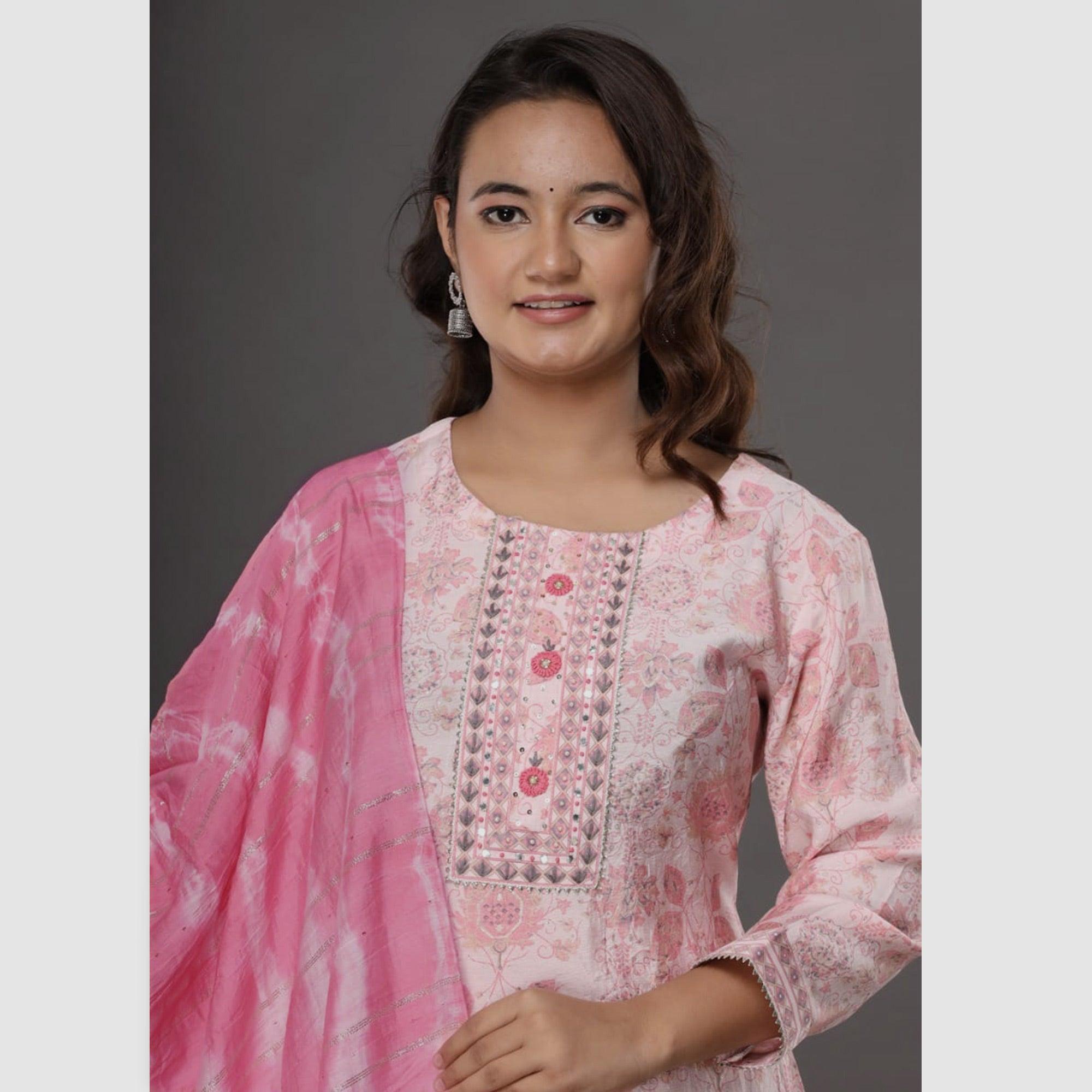 Pink Printed Muslin Kurti Pant Set With Dupatta - Peachmode