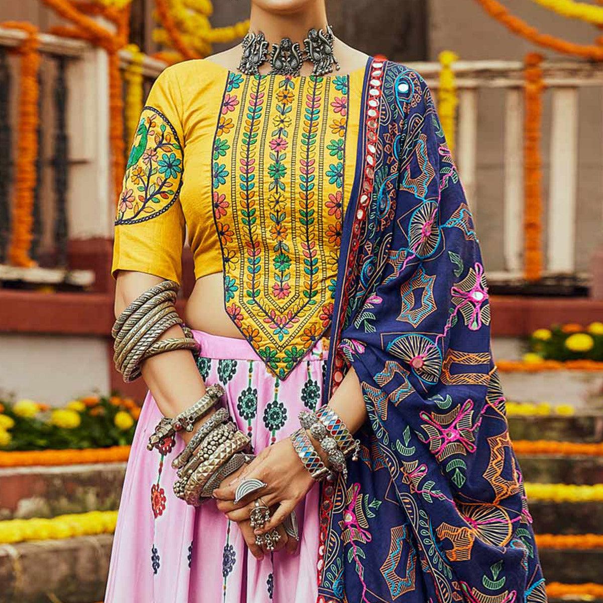 Pink Printed Muslin Lehenga Choli - Peachmode