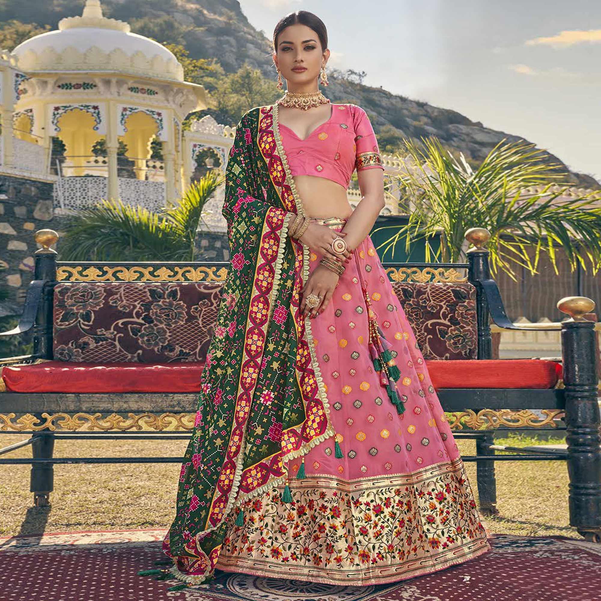 Pink Printed Organza Lehenga Choli - Peachmode