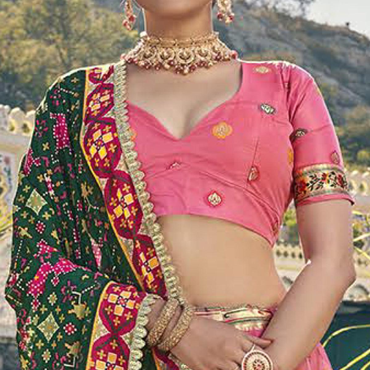 Pink Printed Organza Lehenga Choli - Peachmode