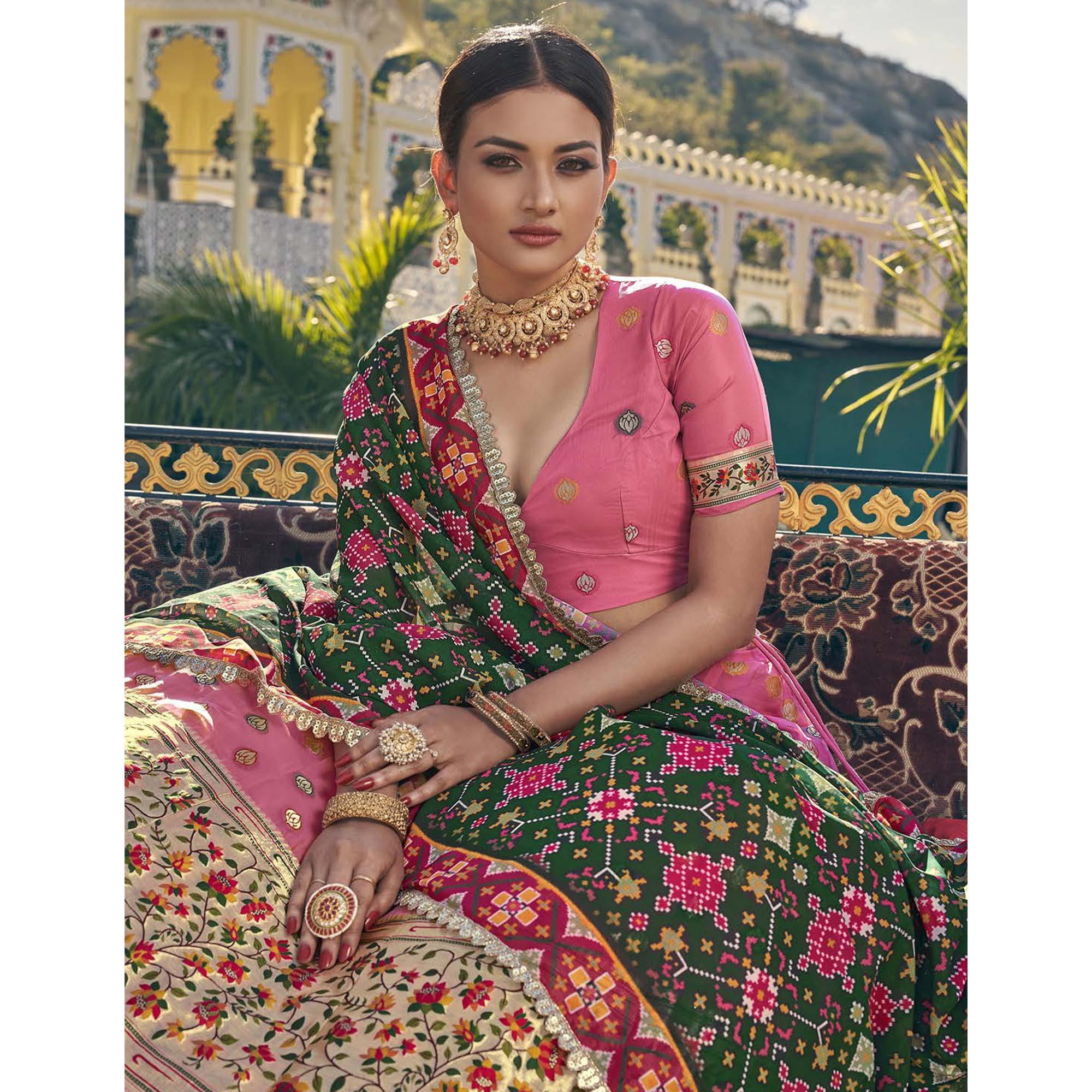 Pink Printed Organza Lehenga Choli - Peachmode