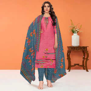 Pink Printed Poly Cotton Dress Material - Peachmode