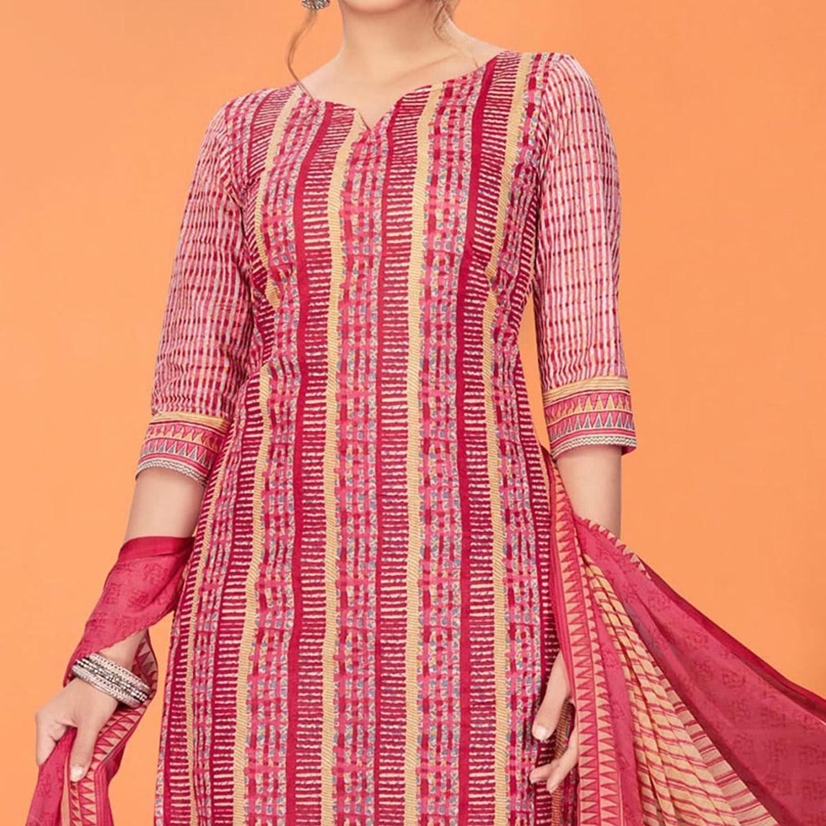 Pink Printed Poly Cotton Dress Material - Peachmode