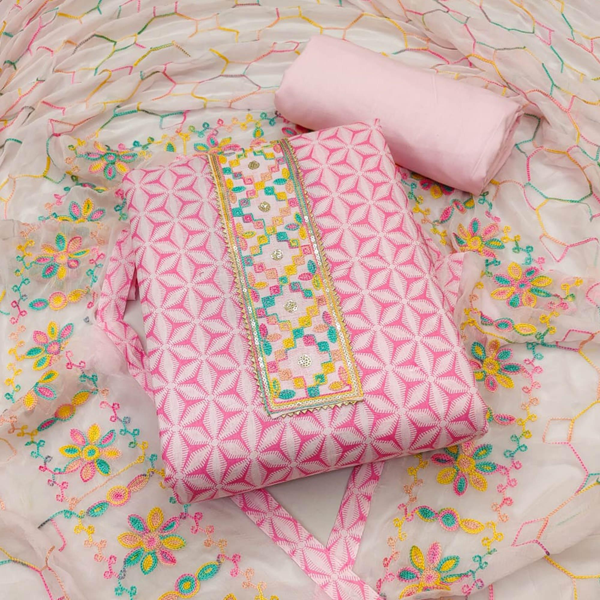 Pink Printed Pure Cotton Dress Material - Peachmode