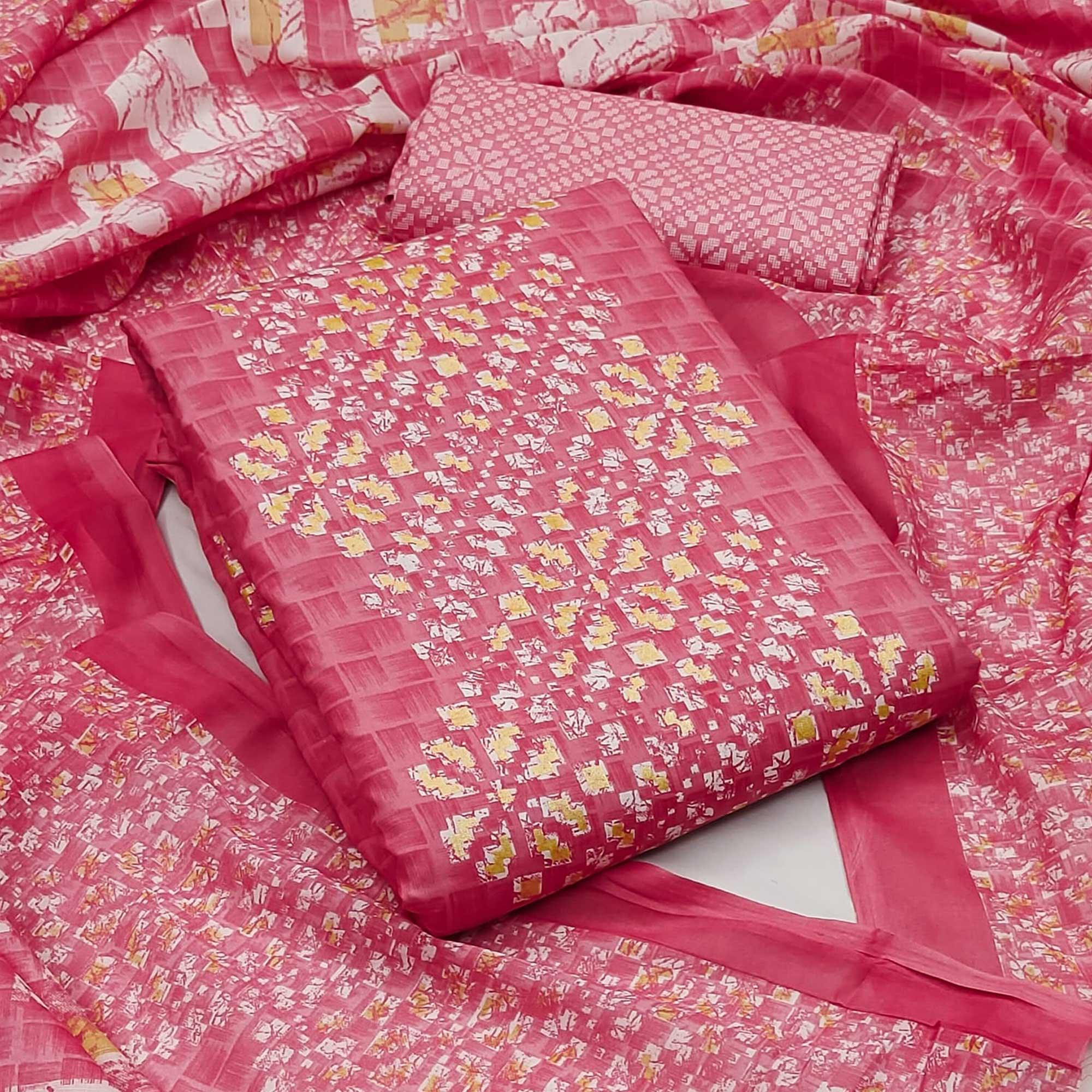 Pink Printed Pure Cotton Dress Material - Peachmode