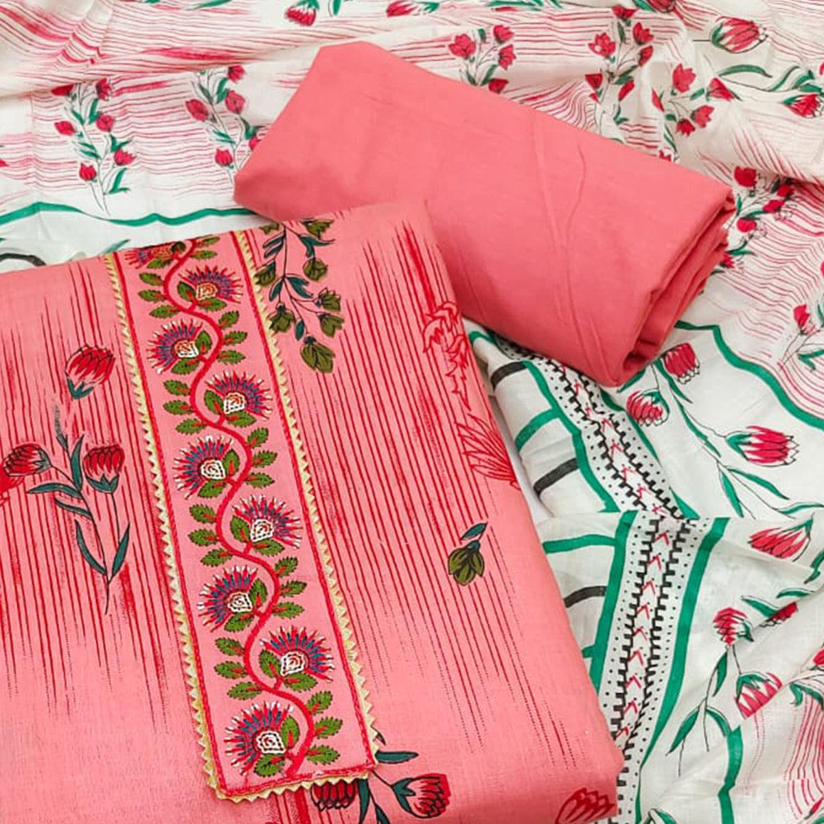 Pink Printed Pure Cotton Dress Material - Peachmode