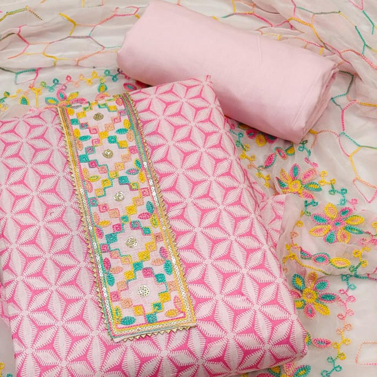 Pink Printed Pure Cotton Dress Material - Peachmode