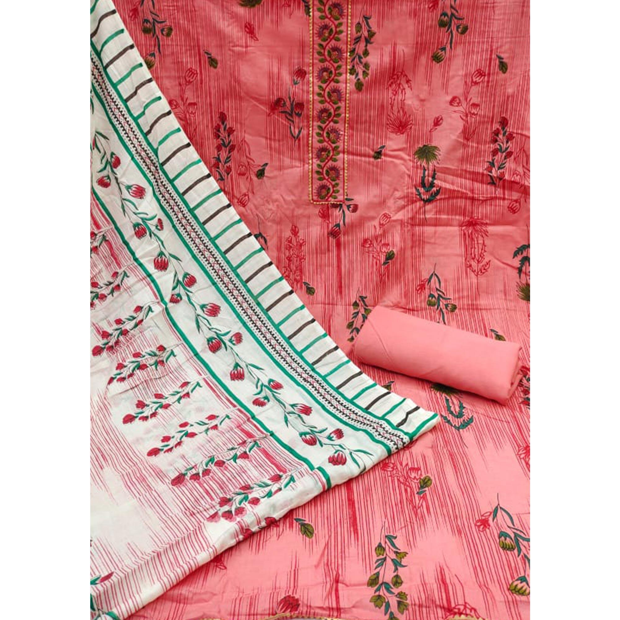 Pink Printed Pure Cotton Dress Material - Peachmode