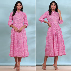 Pink Printed Pure Cotton Dress - Peachmode