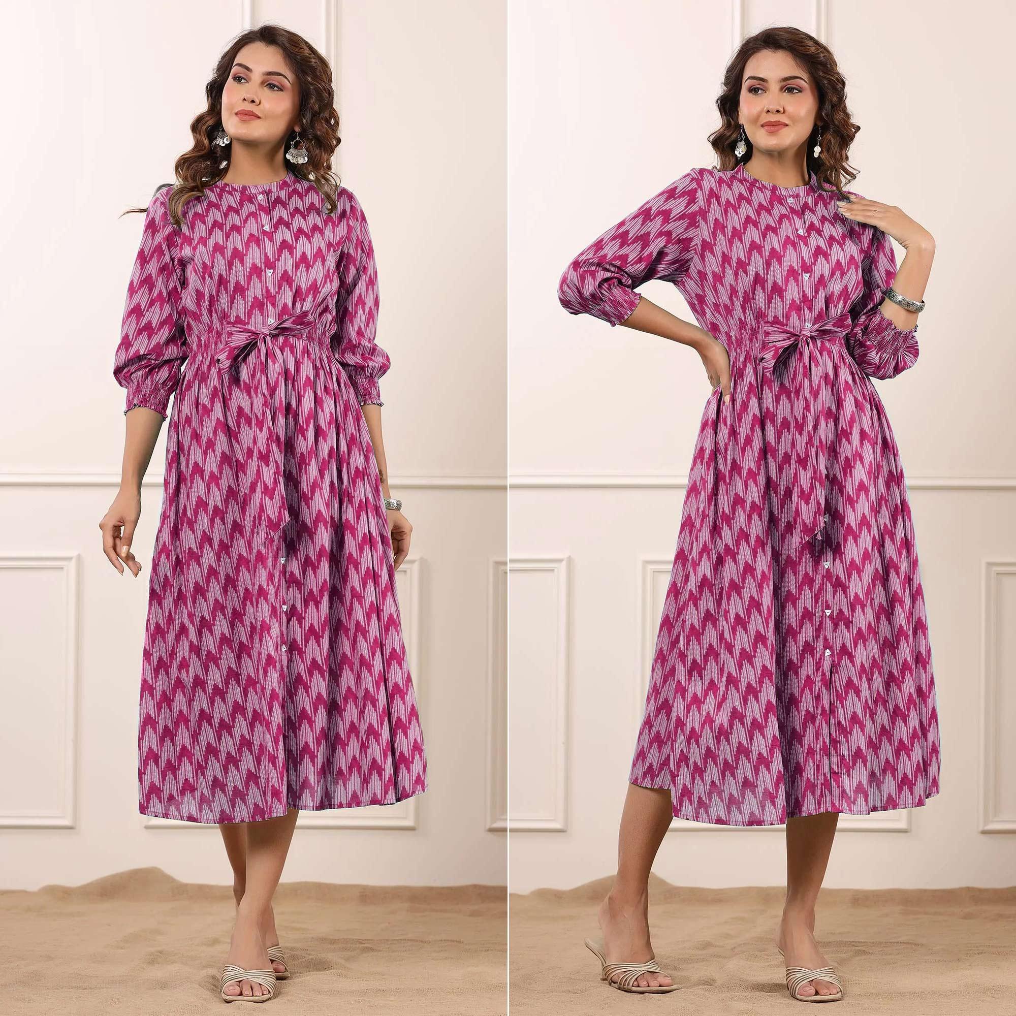 Pink Printed Pure Cotton Dress - Peachmode