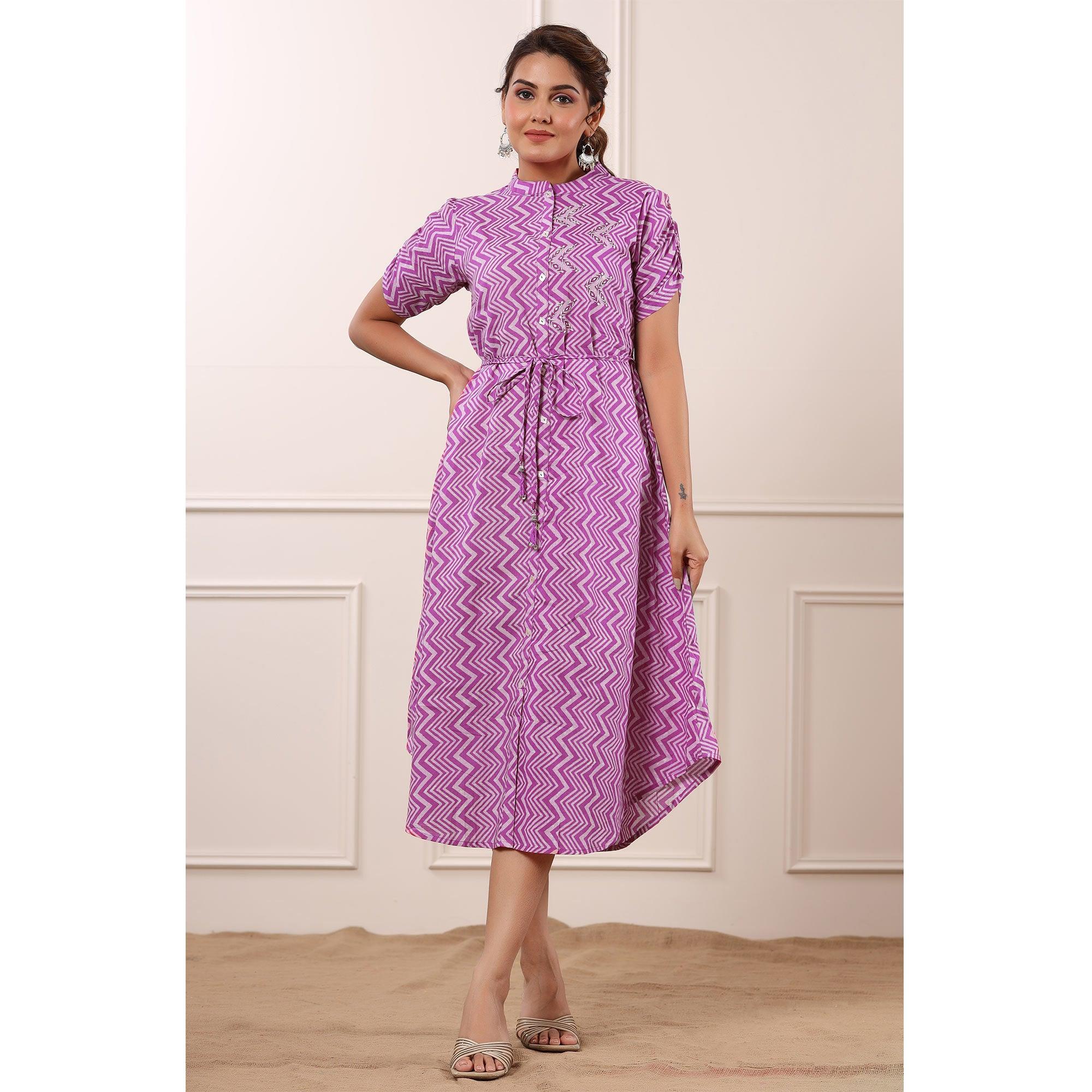 Pink Printed Pure Cotton Dress - Peachmode