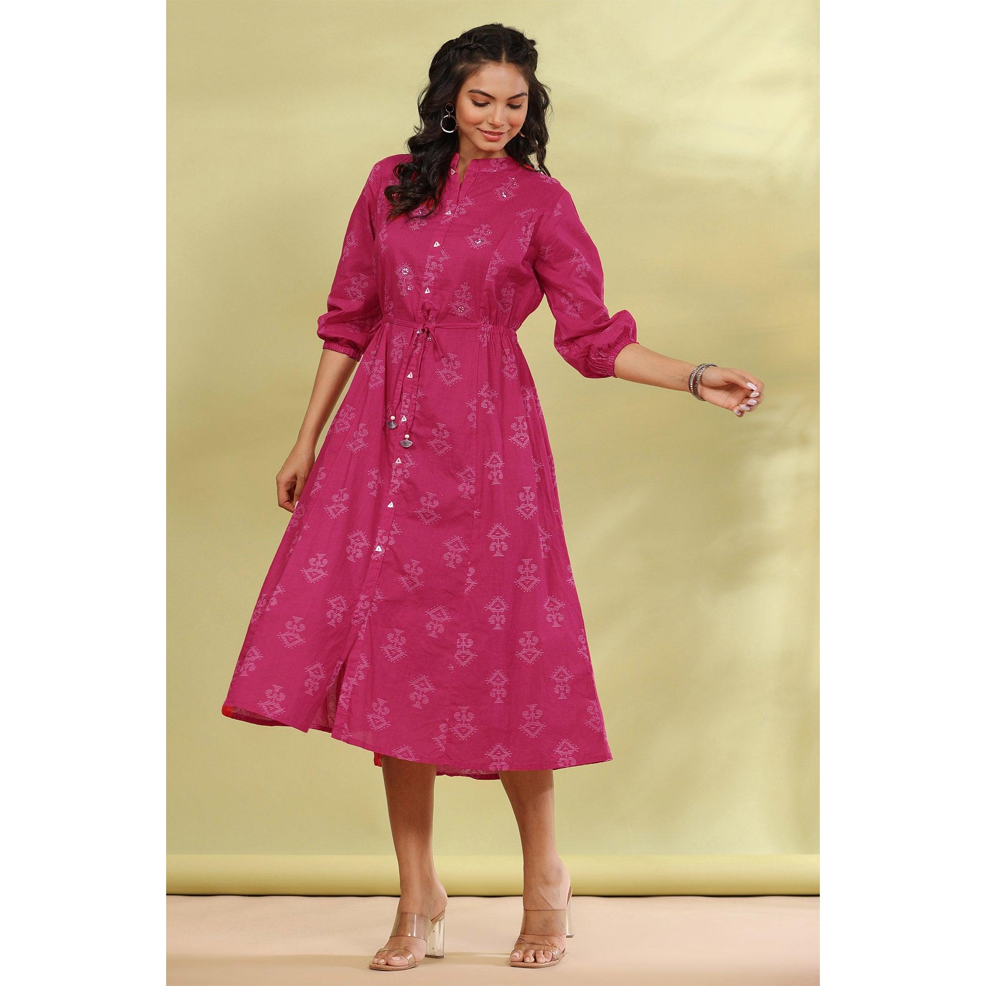 Pink Printed Pure Cotton Dress - Peachmode