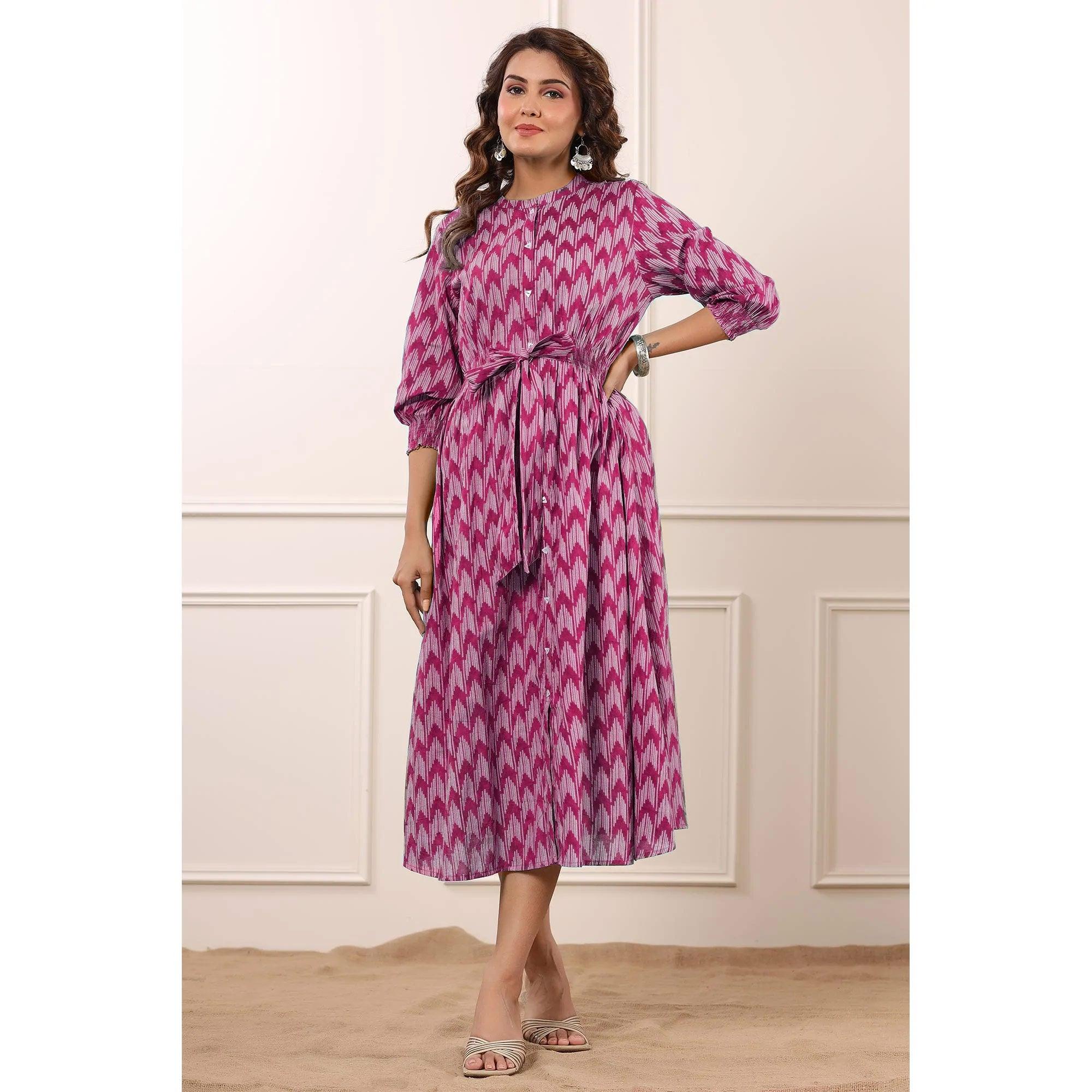 Pink Printed Pure Cotton Dress - Peachmode