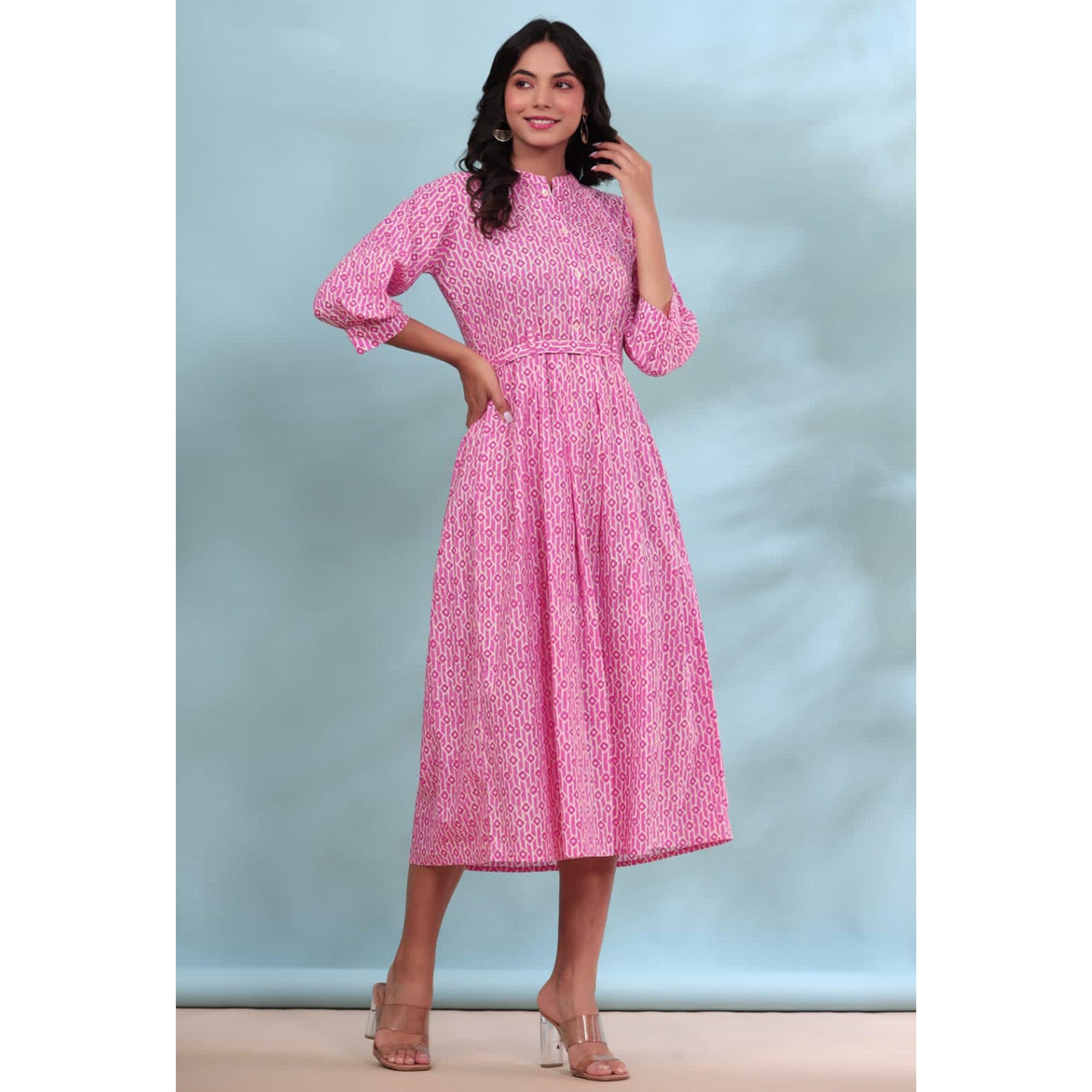 Pink Printed Pure Cotton Dress - Peachmode