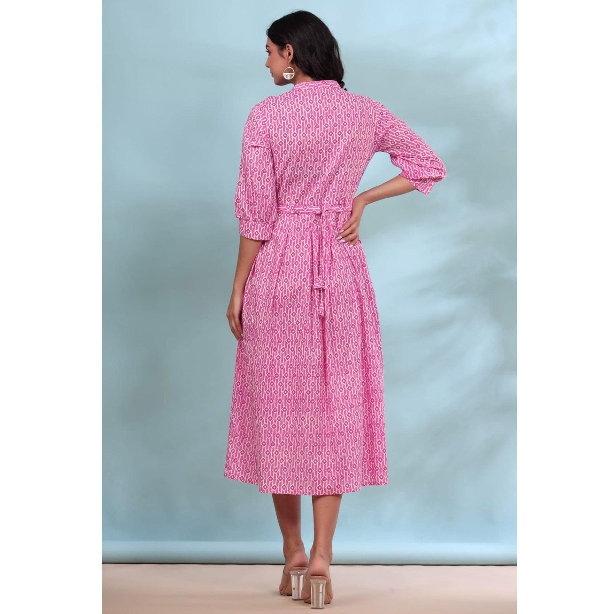 Pink Printed Pure Cotton Dress - Peachmode