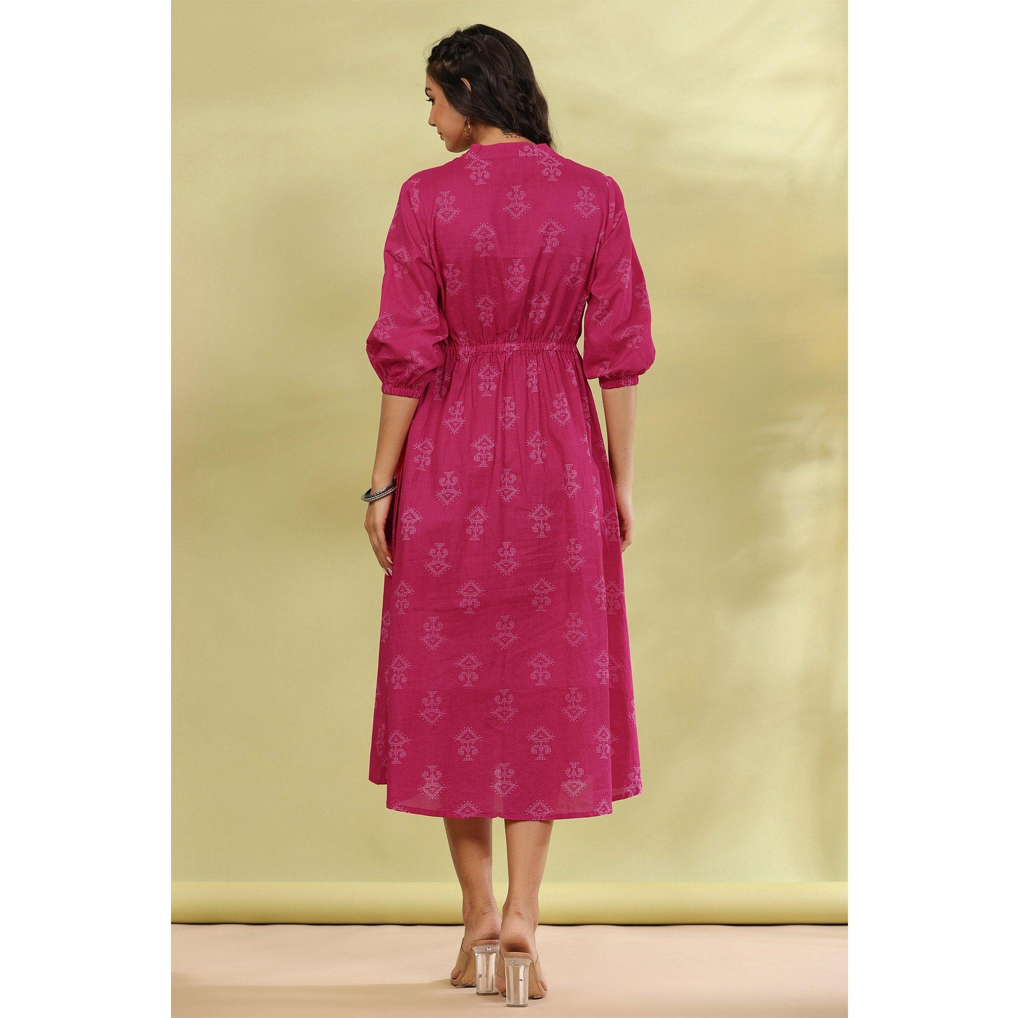 Pink Printed Pure Cotton Dress - Peachmode