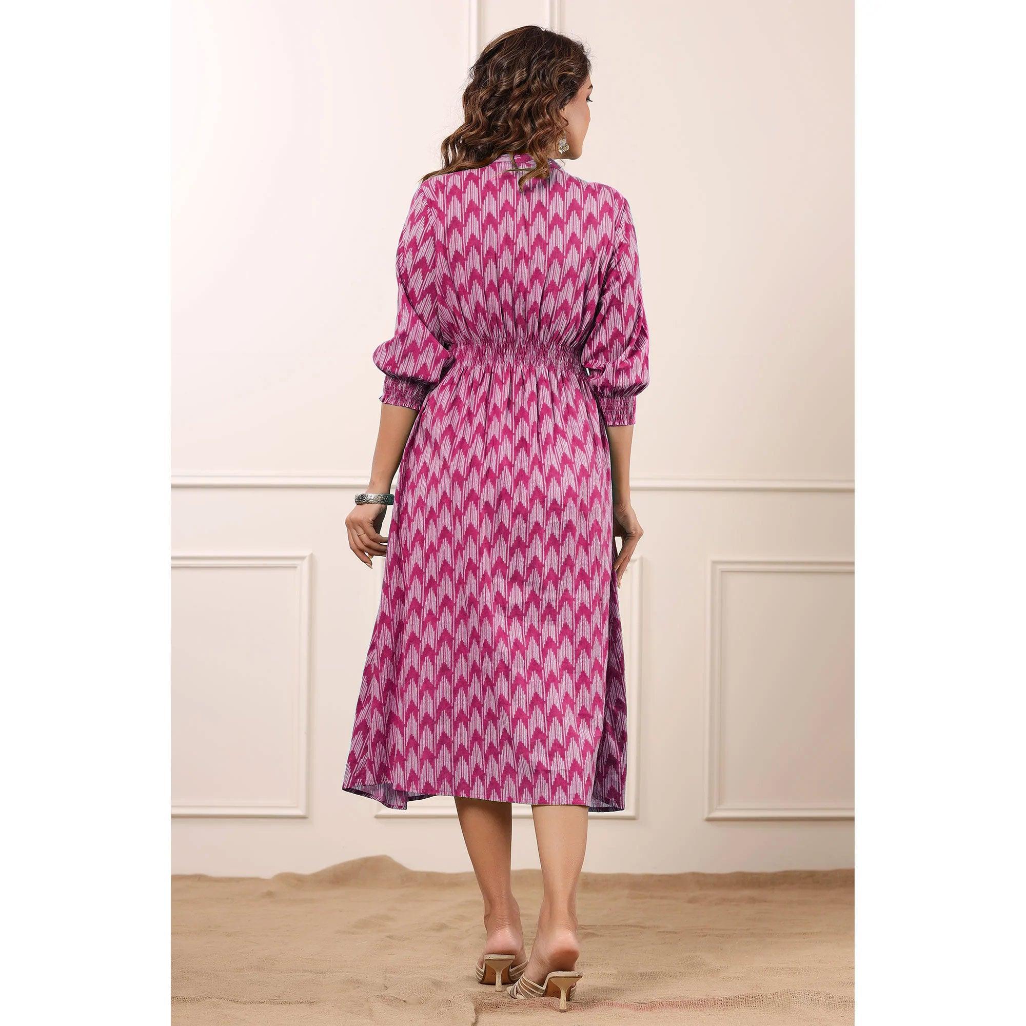 Pink Printed Pure Cotton Dress - Peachmode