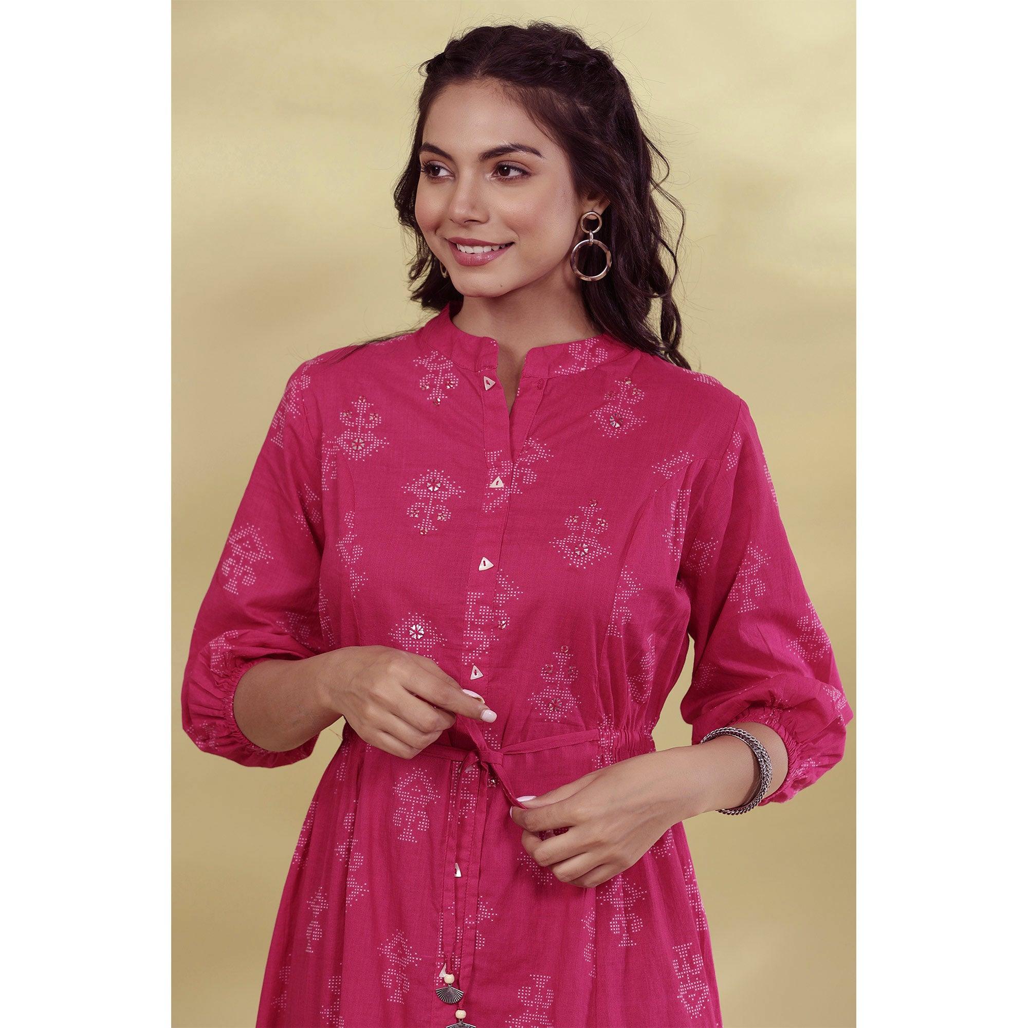Pink Printed Pure Cotton Dress - Peachmode