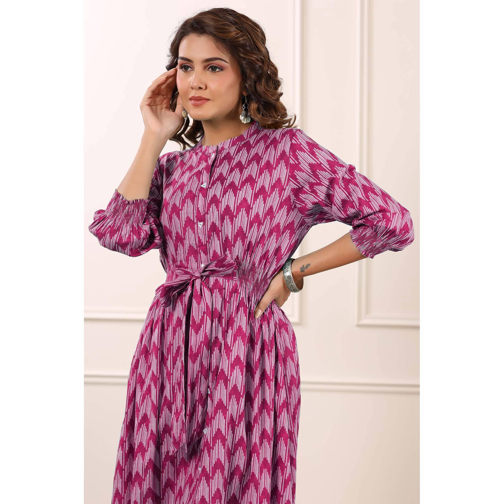 Pink Printed Pure Cotton Dress - Peachmode