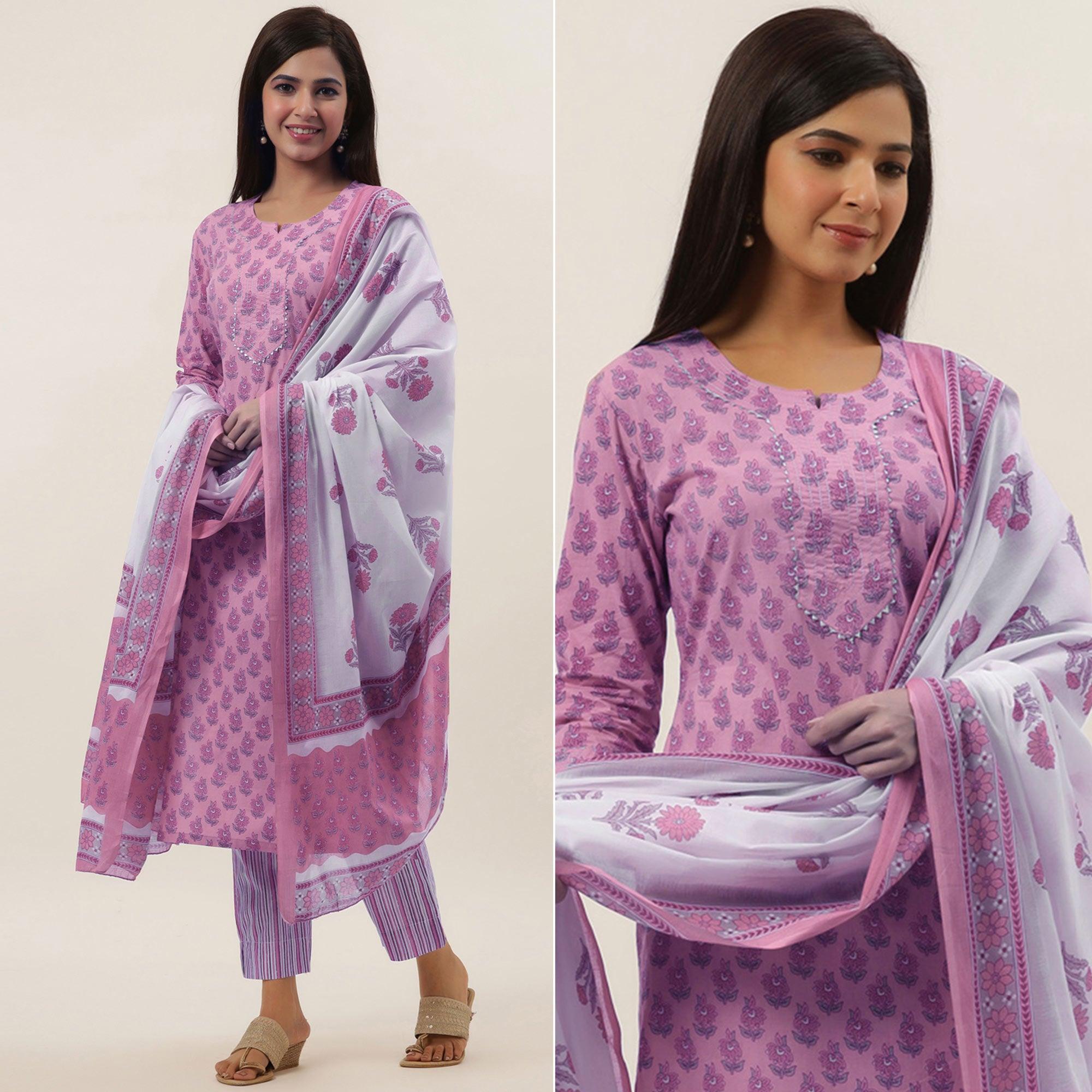 Pink Printed Pure Cotton Kurti Pant Set with Dupatta - Peachmode