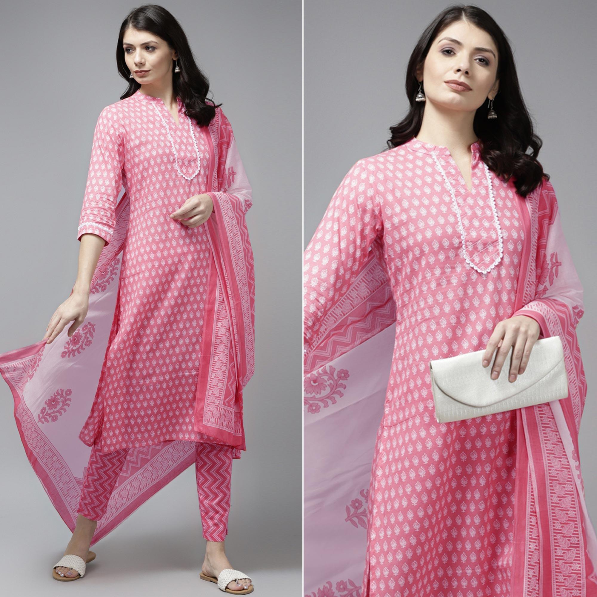 Pink Printed Pure Cotton Kurti Pant Set With Dupatta - Peachmode