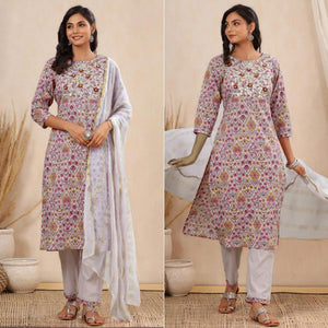 Pink Printed Pure Cotton Kurti Pant Set With Dupatta - Peachmode