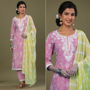 Pink Printed Pure Cotton Kurti Pant Set With Dupatta - Peachmode