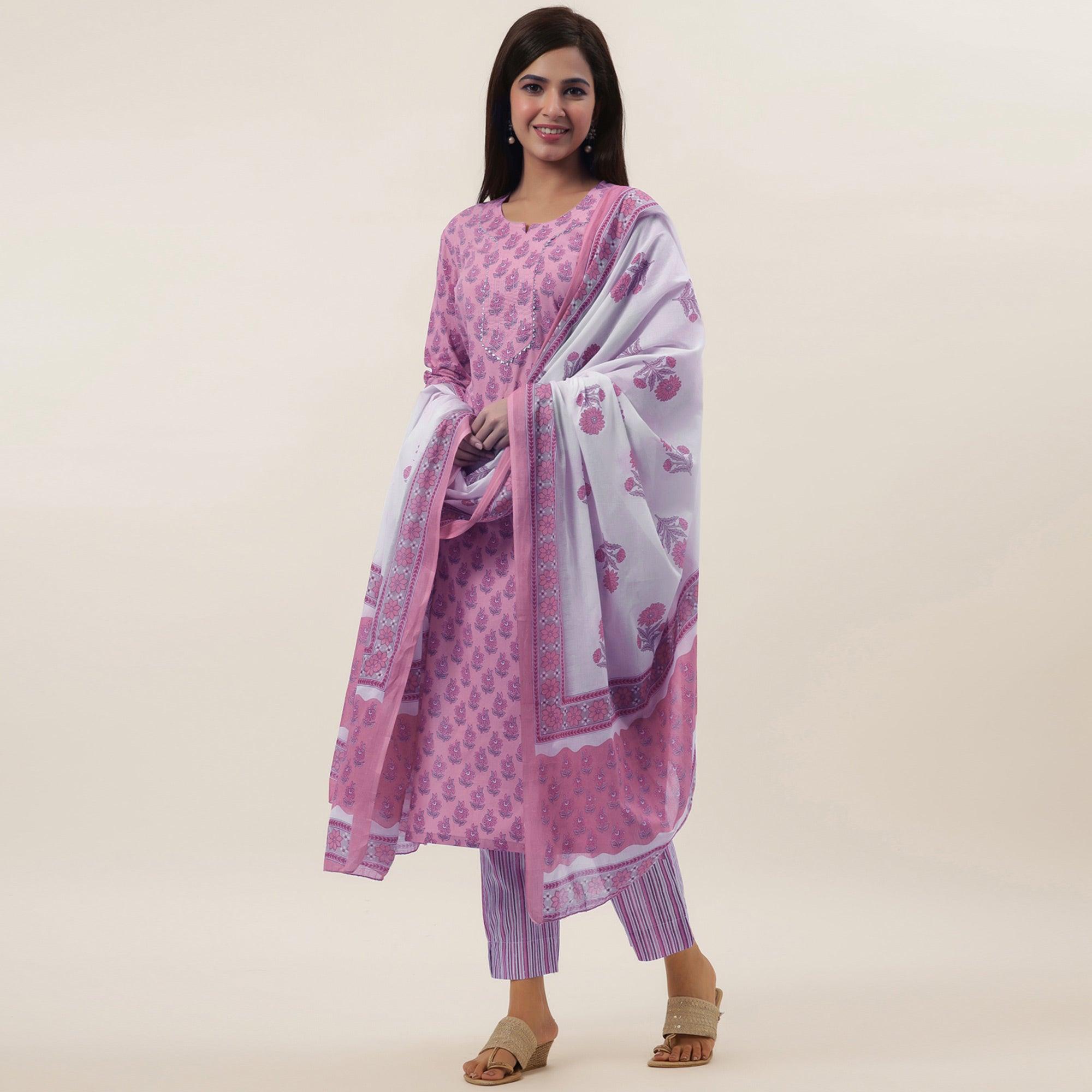 Pink Printed Pure Cotton Kurti Pant Set with Dupatta - Peachmode