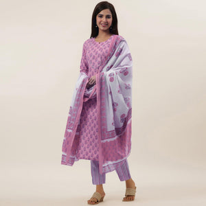 Pink Printed Pure Cotton Kurti Pant Set with Dupatta - Peachmode