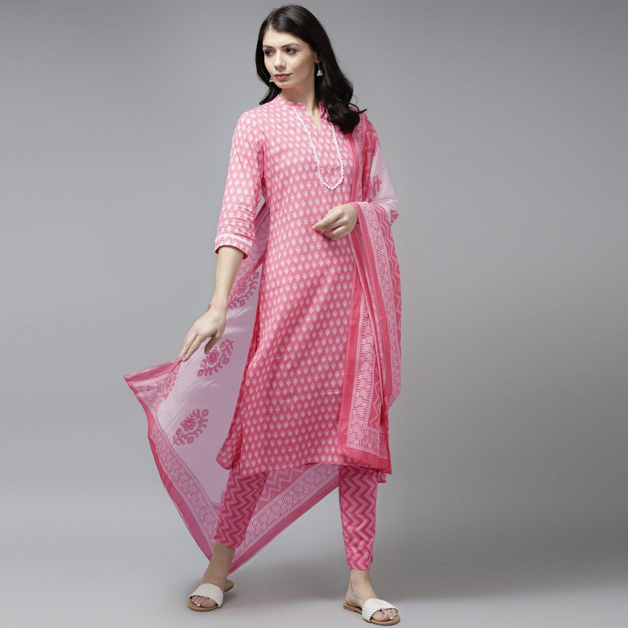 Pink Printed Pure Cotton Kurti Pant Set With Dupatta - Peachmode