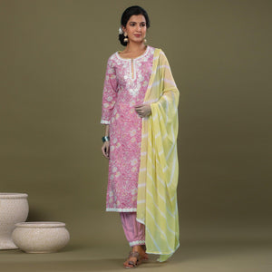 Pink Printed Pure Cotton Kurti Pant Set With Dupatta - Peachmode