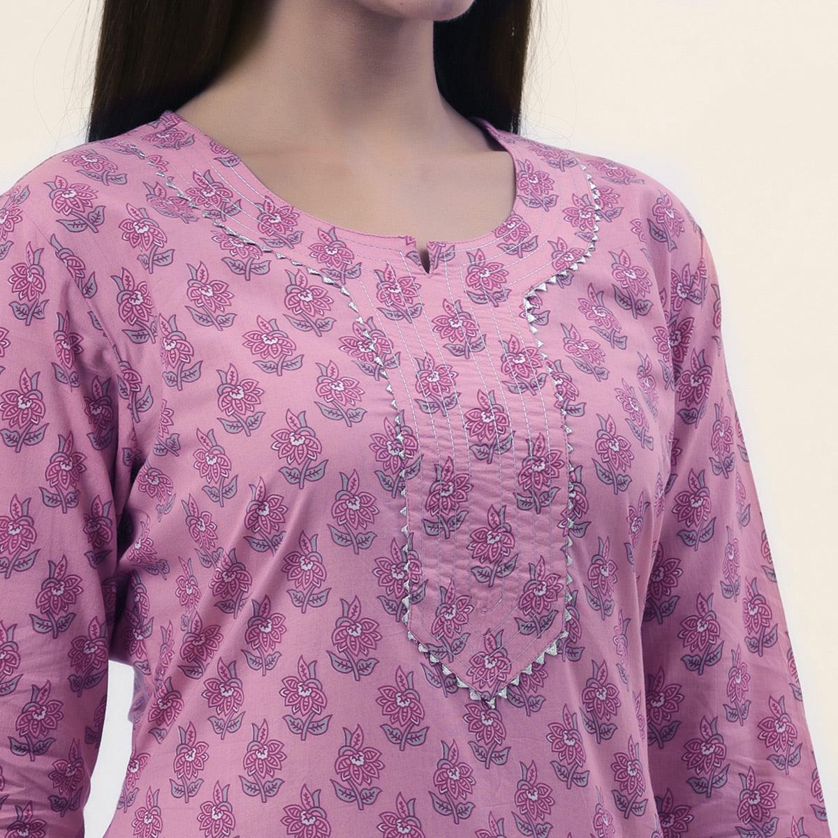 Pink Printed Pure Cotton Kurti Pant Set with Dupatta - Peachmode