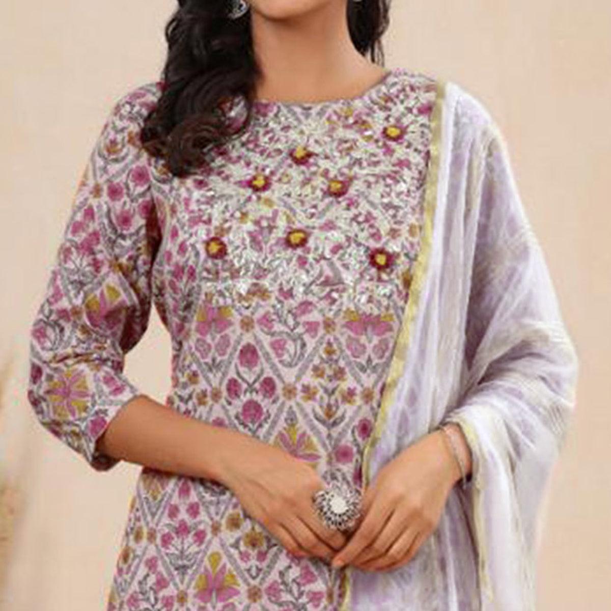 Pink Printed Pure Cotton Kurti Pant Set With Dupatta - Peachmode