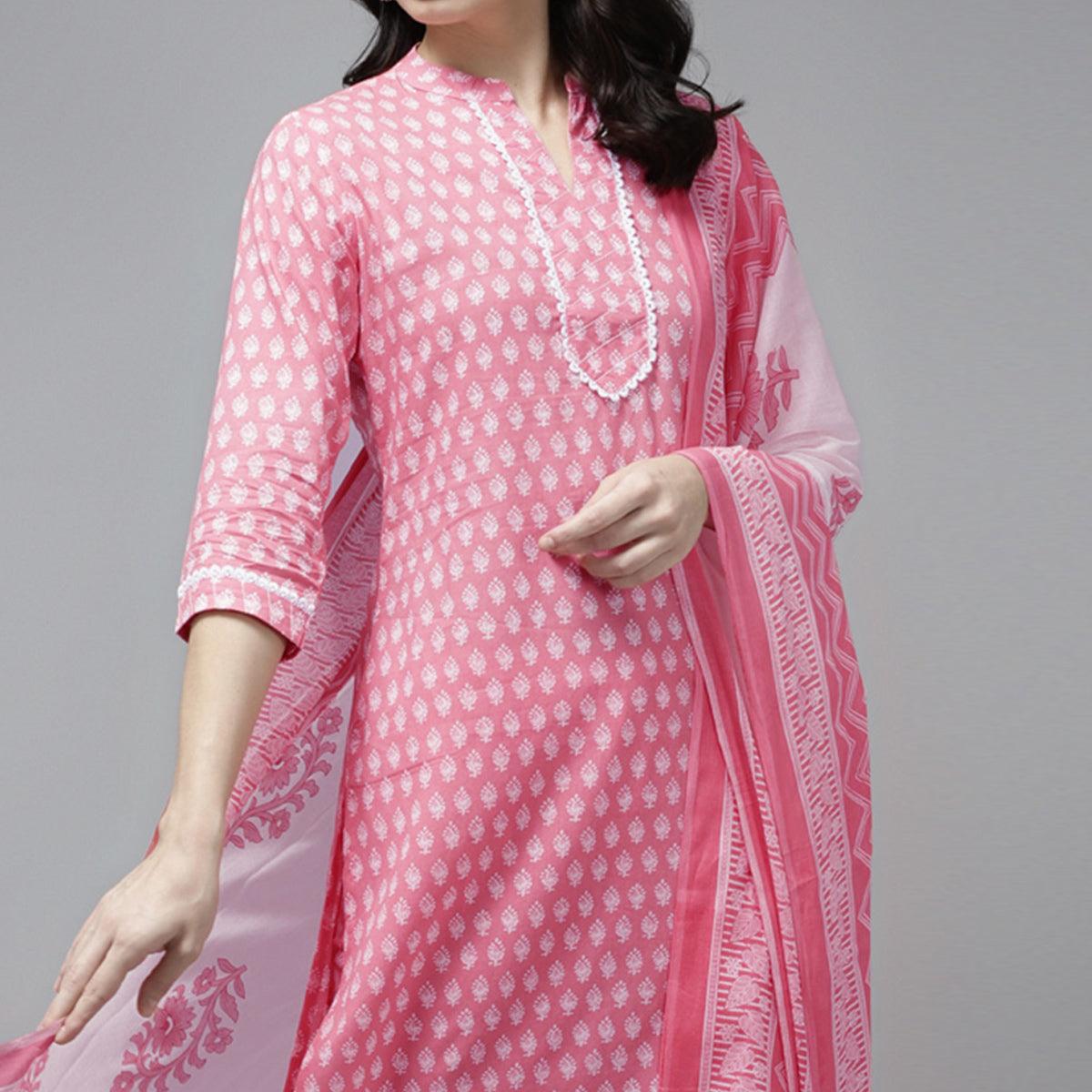 Pink Printed Pure Cotton Kurti Pant Set With Dupatta - Peachmode