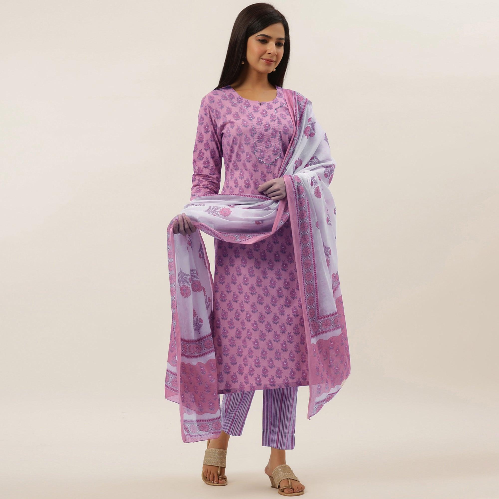 Pink Printed Pure Cotton Kurti Pant Set with Dupatta - Peachmode