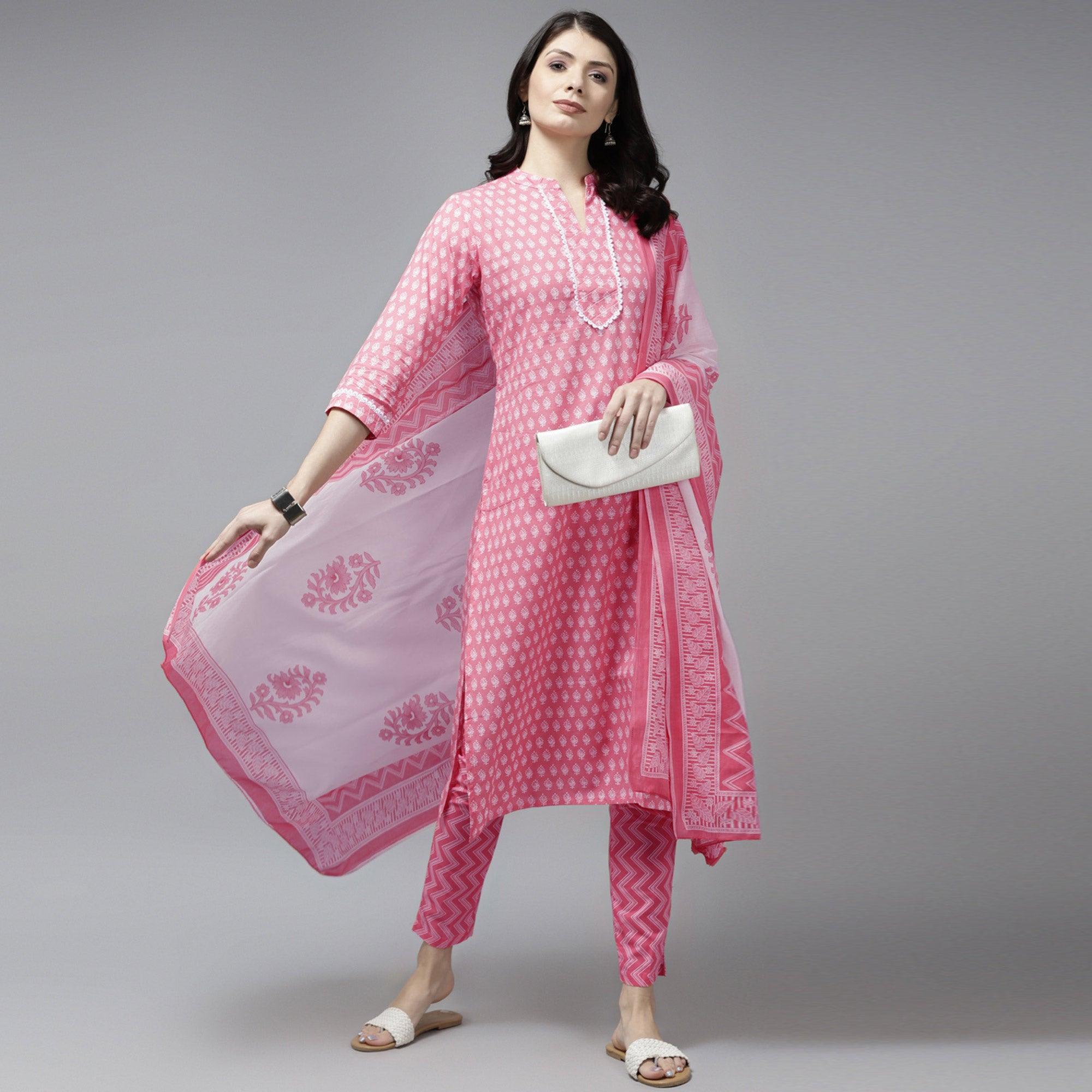 Pink Printed Pure Cotton Kurti Pant Set With Dupatta - Peachmode