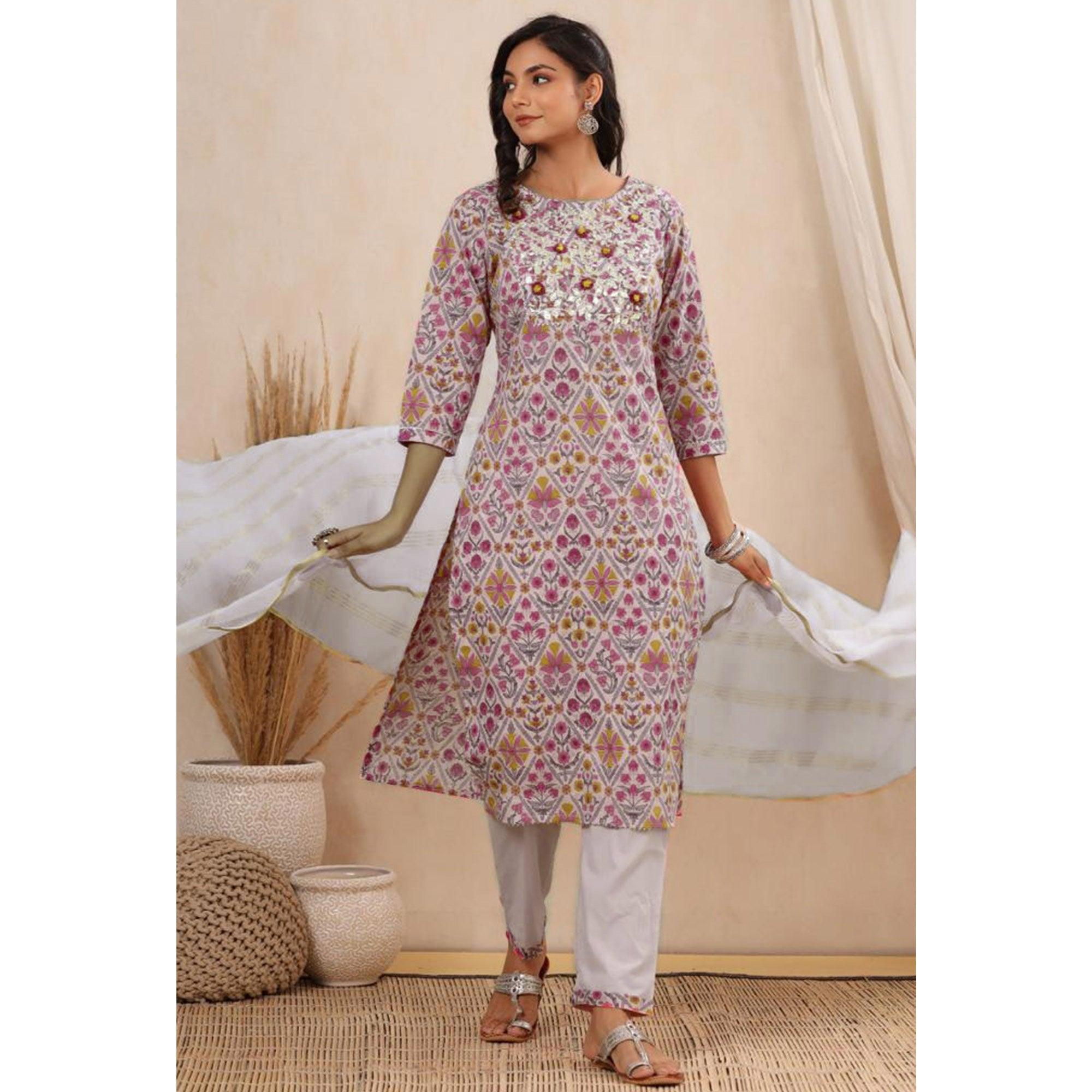Pink Printed Pure Cotton Kurti Pant Set With Dupatta - Peachmode