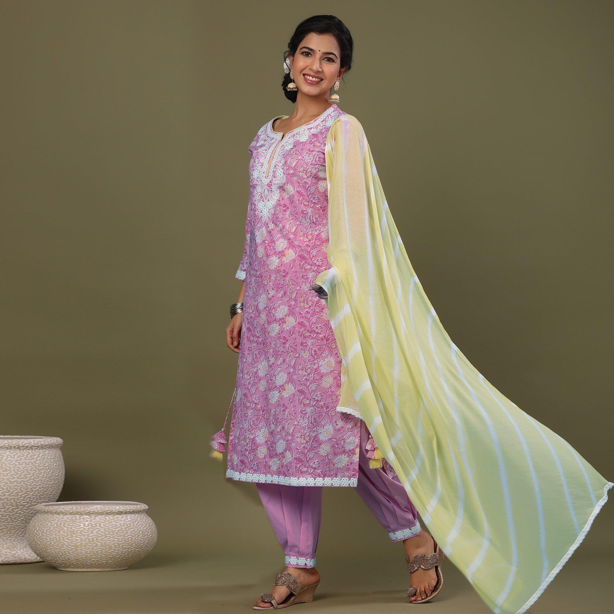 Pink Printed Pure Cotton Kurti Pant Set With Dupatta - Peachmode