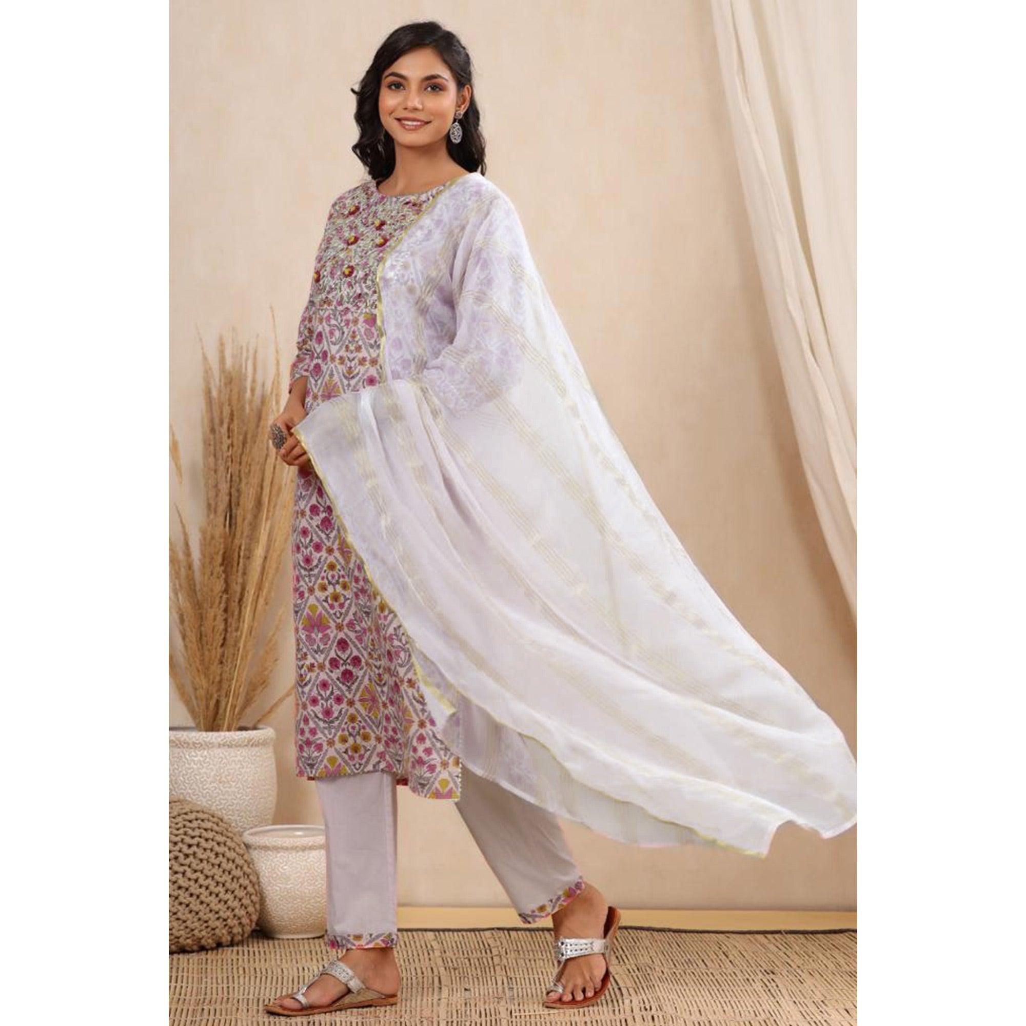 Pink Printed Pure Cotton Kurti Pant Set With Dupatta - Peachmode
