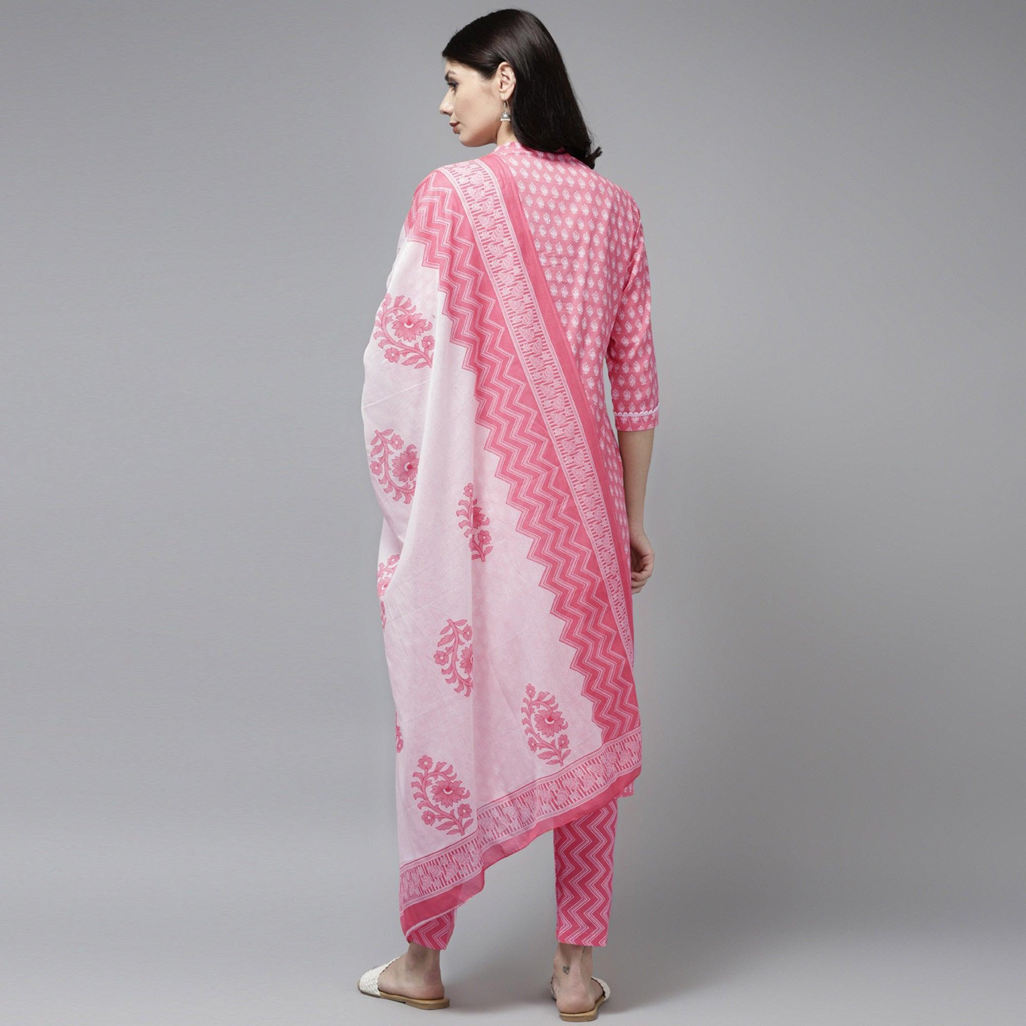 Pink Printed Pure Cotton Kurti Pant Set With Dupatta - Peachmode