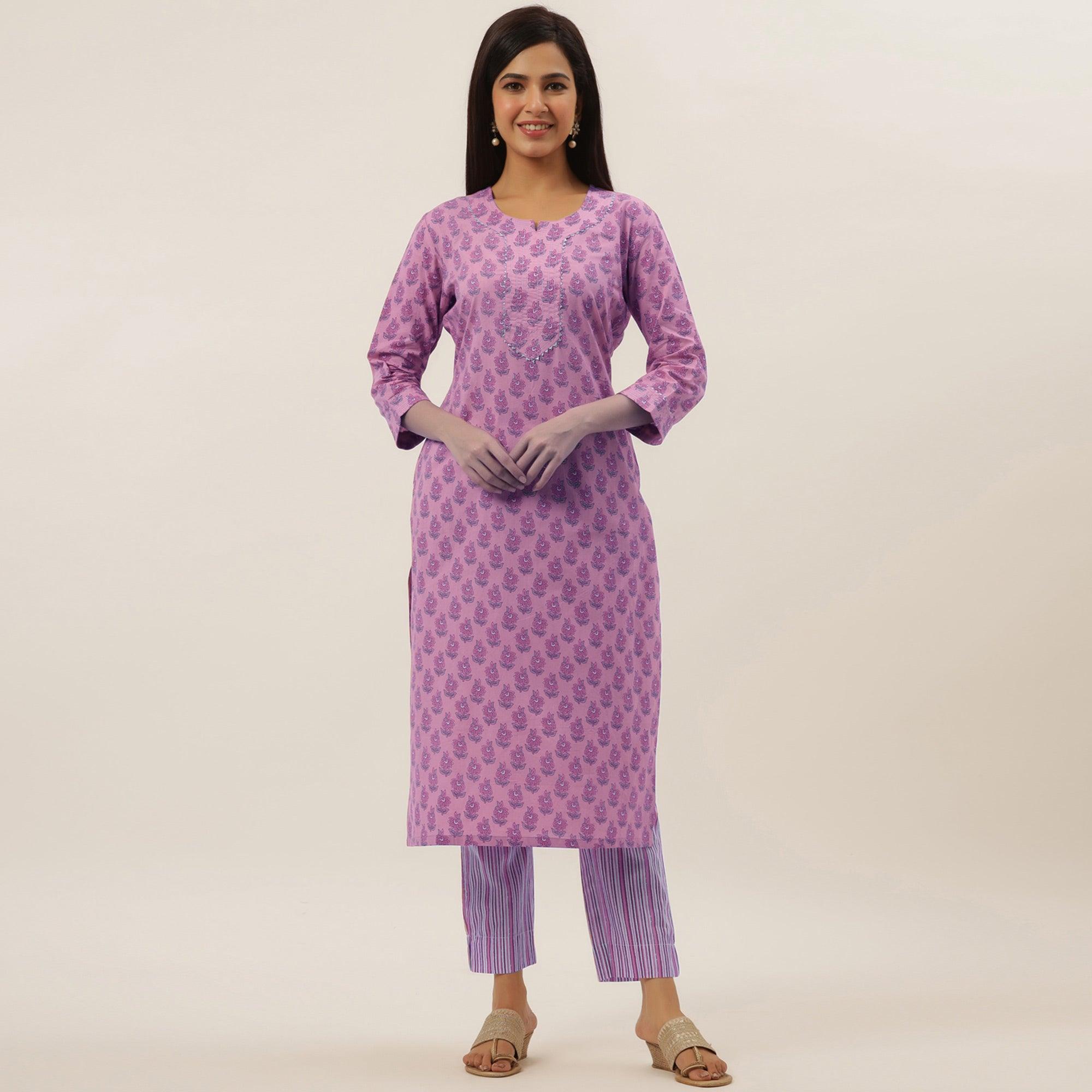 Pink Printed Pure Cotton Kurti Pant Set with Dupatta - Peachmode