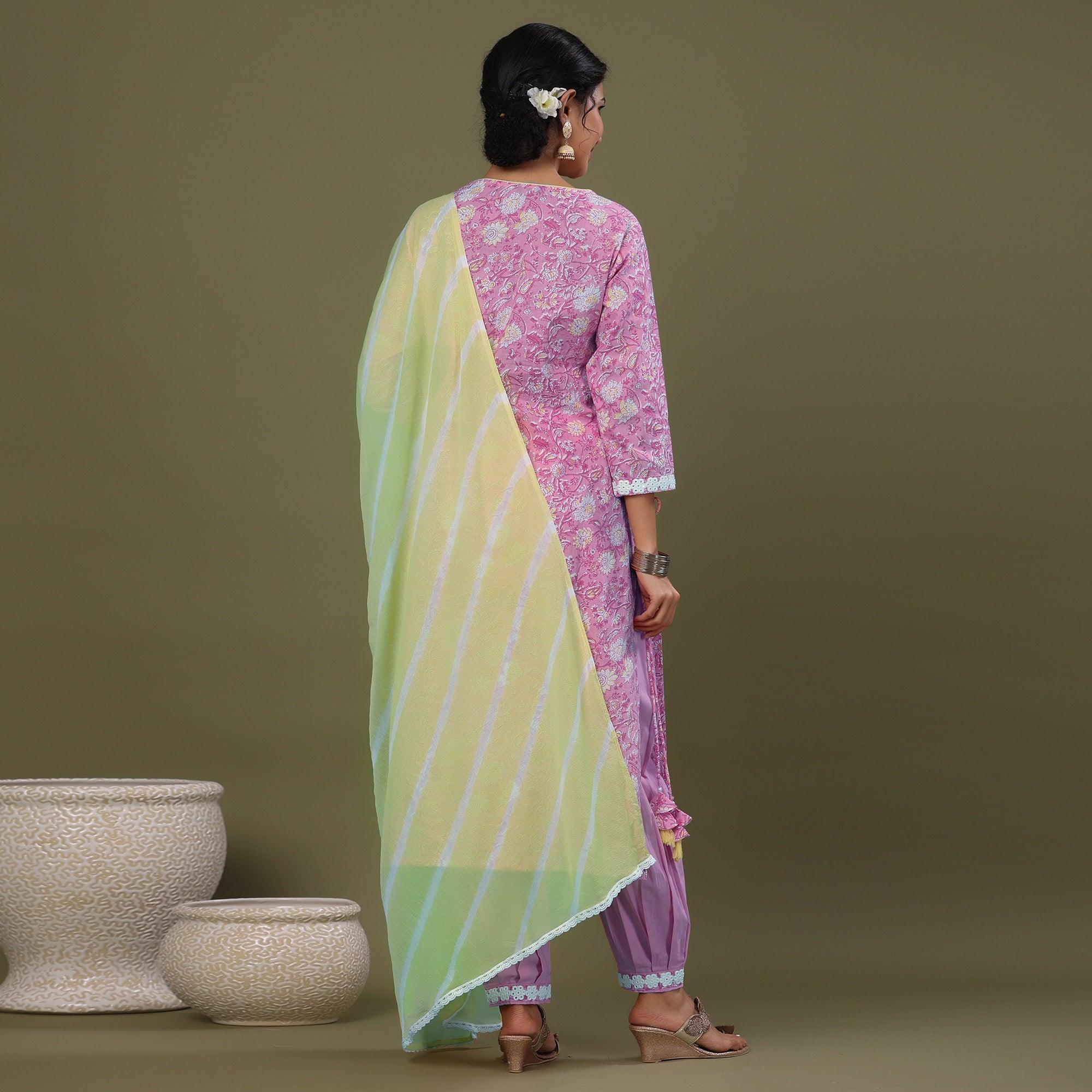 Pink Printed Pure Cotton Kurti Pant Set With Dupatta - Peachmode