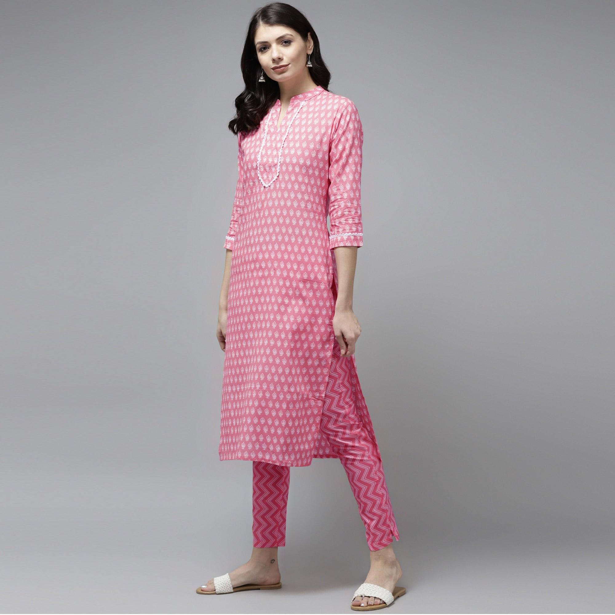 Pink Printed Pure Cotton Kurti Pant Set With Dupatta - Peachmode
